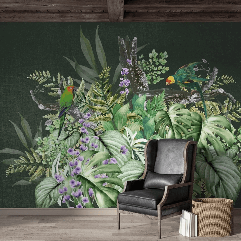 Papier peint Uva perroquets sur un bouquet de feuilles tropicales