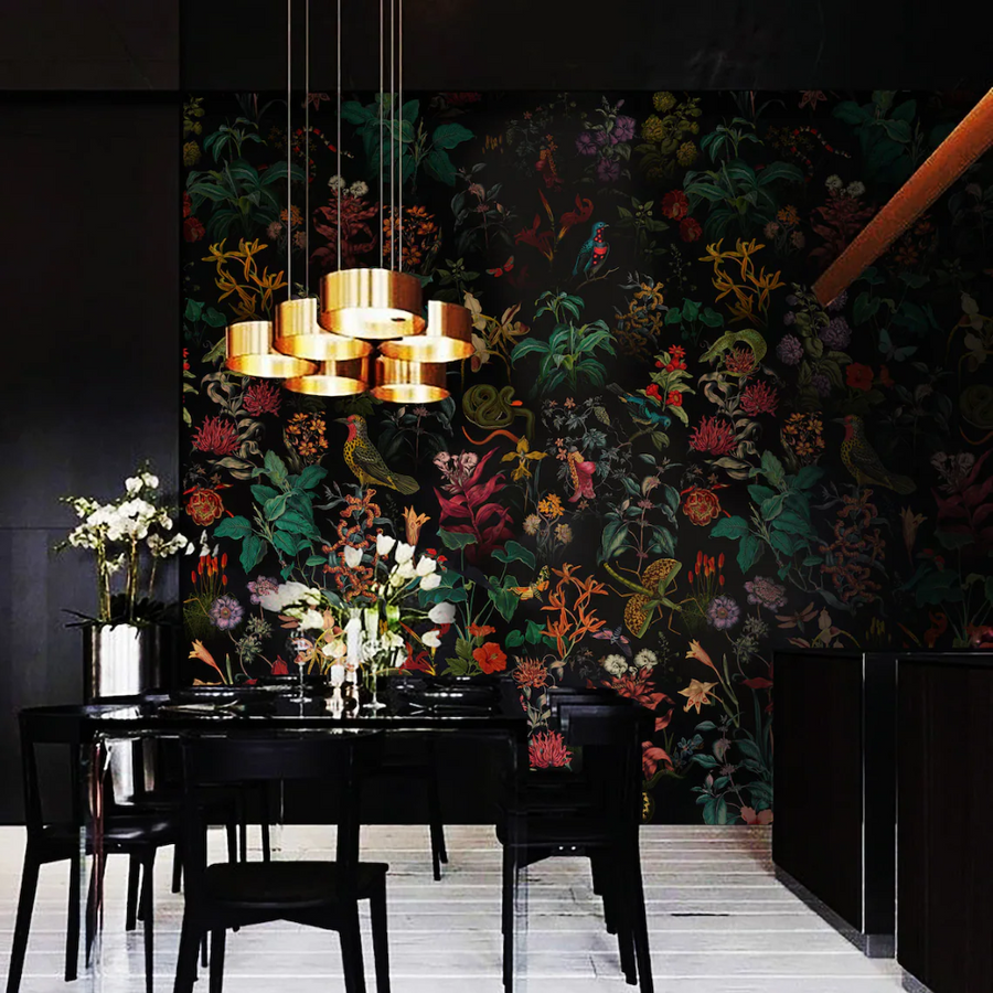 Papier peint motif plantes, fleurs et animaux multicolores