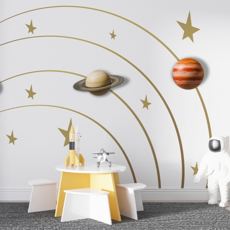 Papier peint planètes étoilées dessinées à l'or