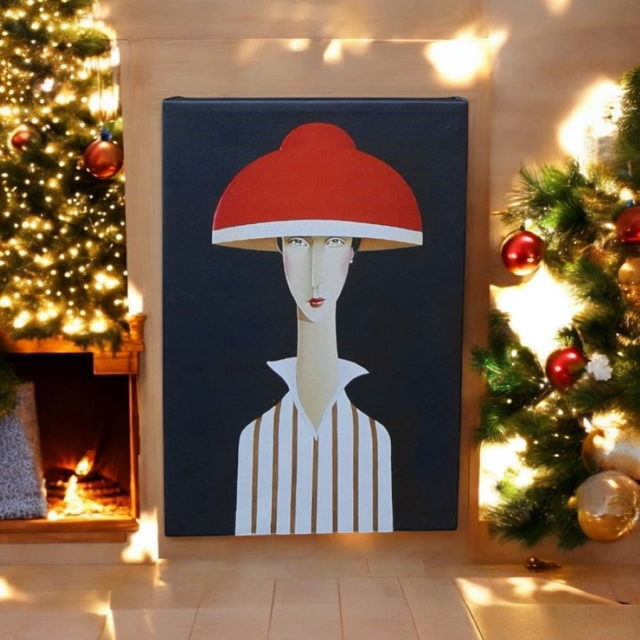 Papier peint femme au chapeau rouge à bordure blanche