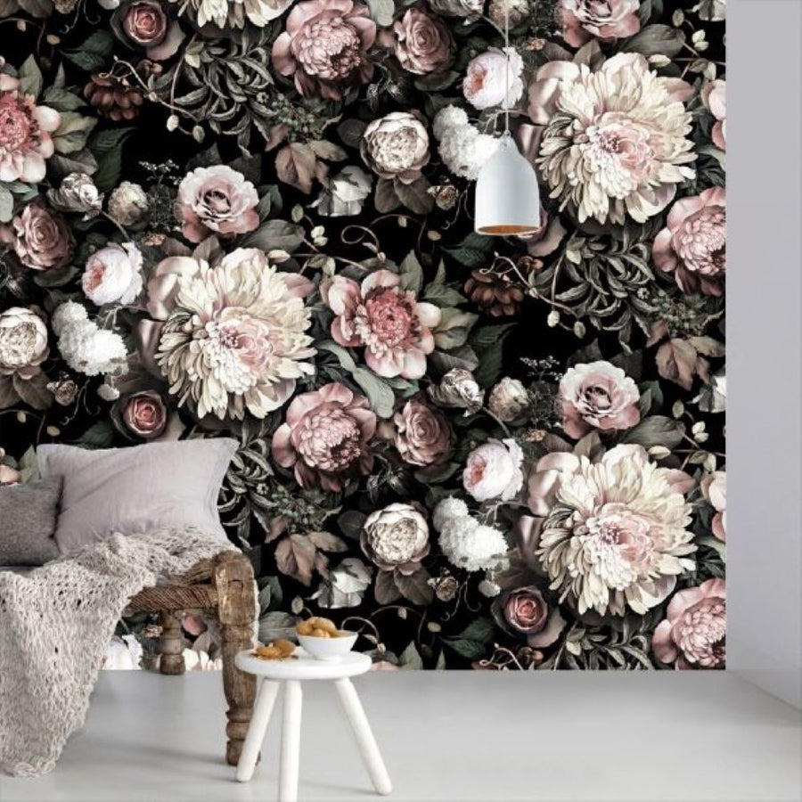 Papier peint pivoines aux tons noirs