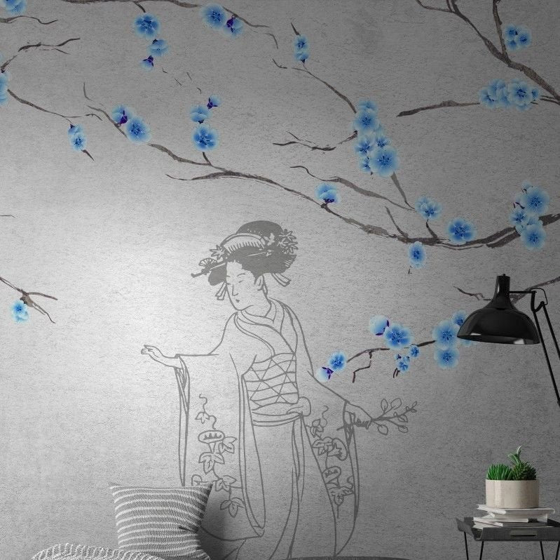 Papier peint fleurs japonaises bleues et femme