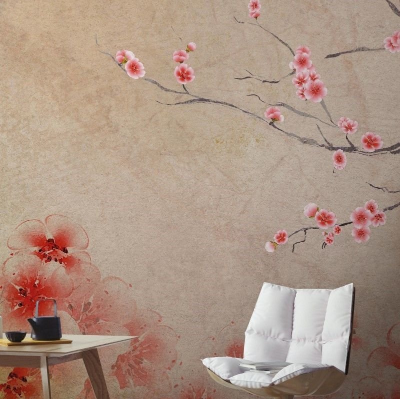 Vizon zeminde pembe sakura dalları desenli duvar kağıdı bulunan salon