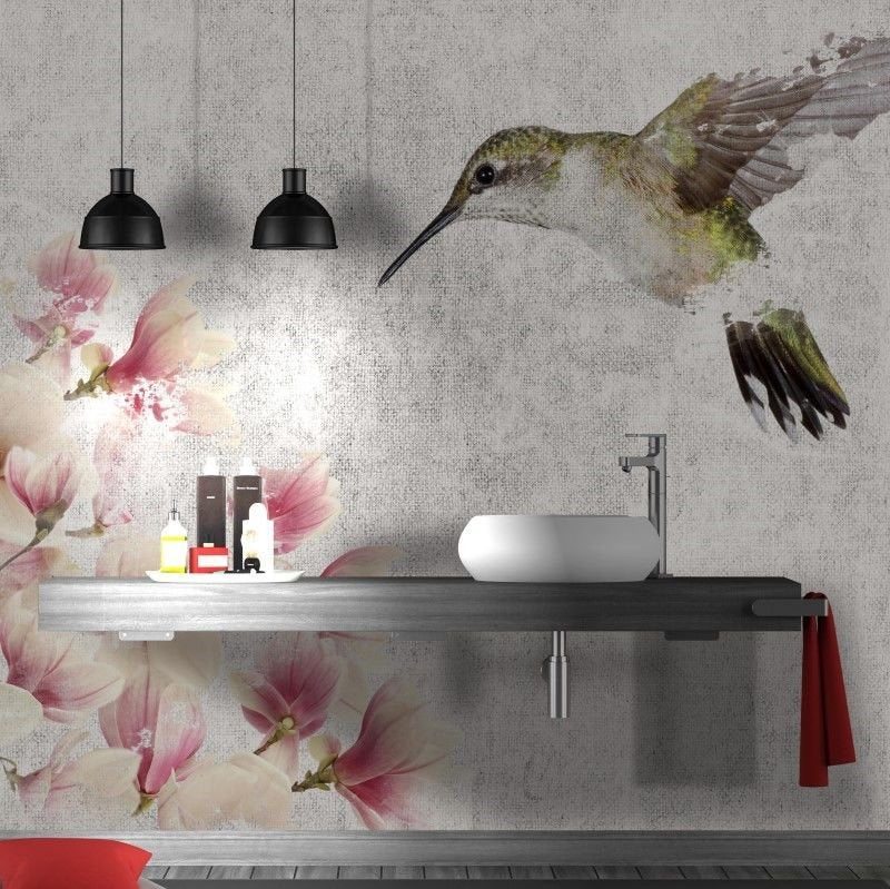 Papier peint magnolias roses et moineau