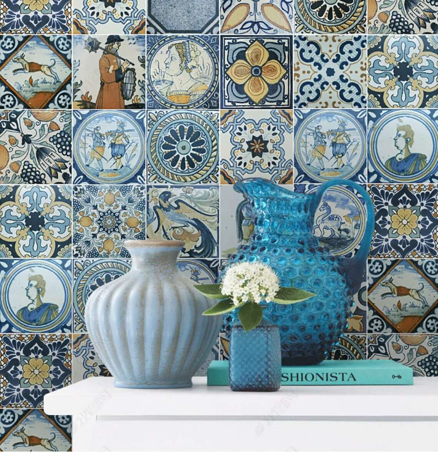 Papier peint mosaïque géométrique bleue de style scandinave