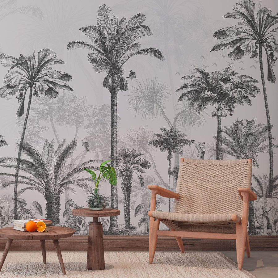 Papier peint bananiers, cocotiers et girafe