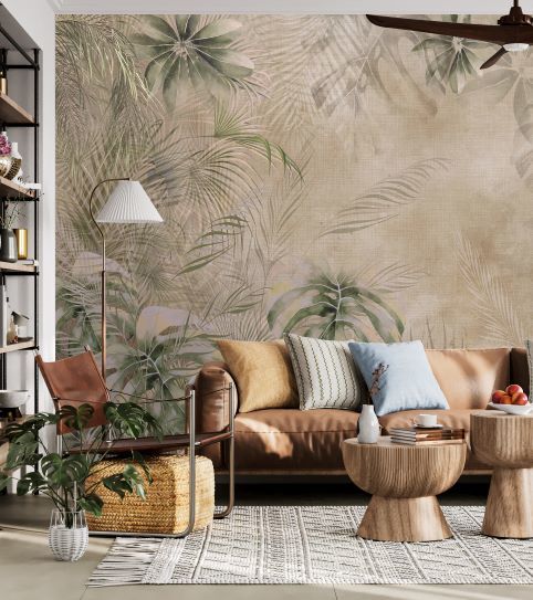 Papier peint feuillages tropicaux doux