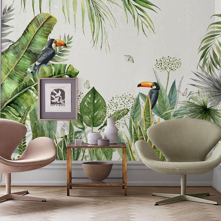 Papier peint perroquets exotiques et feuillages