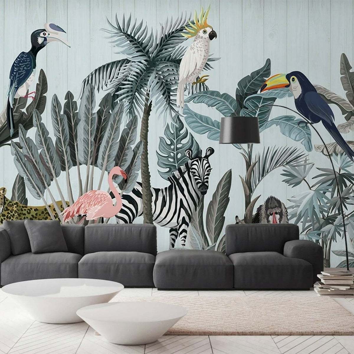 Papier peint perroquets exotiques et arbres