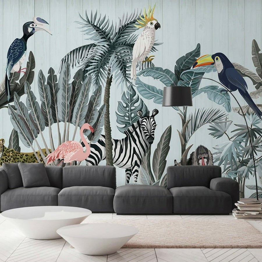 Papier peint perroquets exotiques et arbres