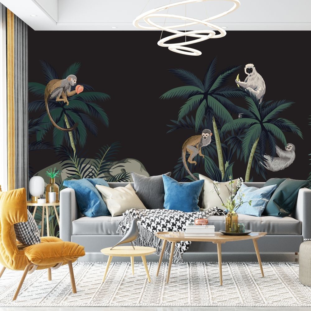 Papier peint singes et Monsieur Paresseux sur fond noir