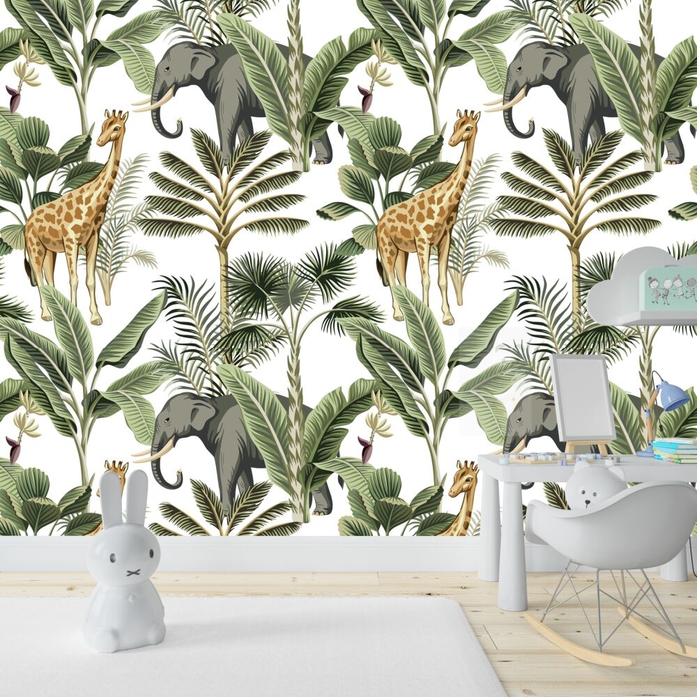 Papier peint éléphants et girafes adorables parmi les arbres