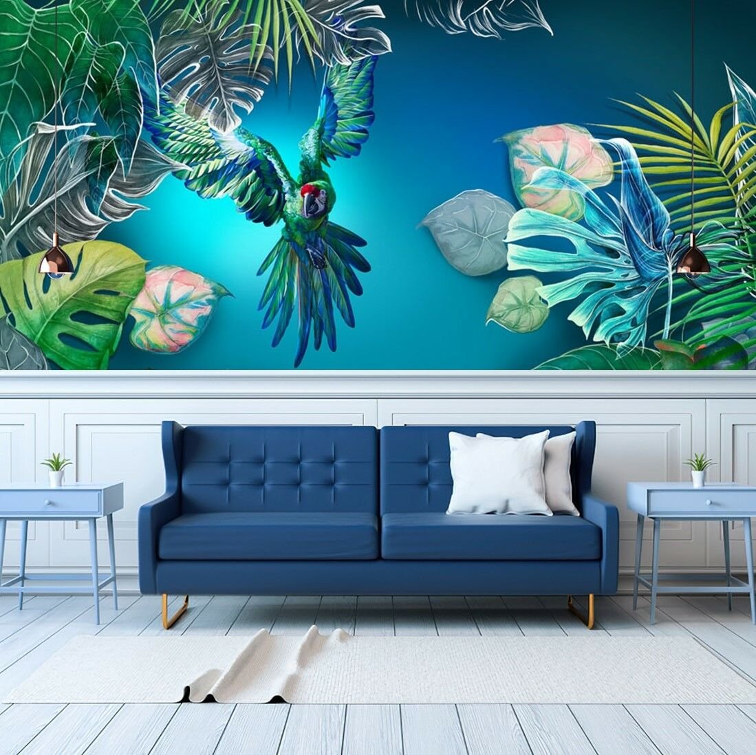 Papier peint perroquet exotique sur fond bleu