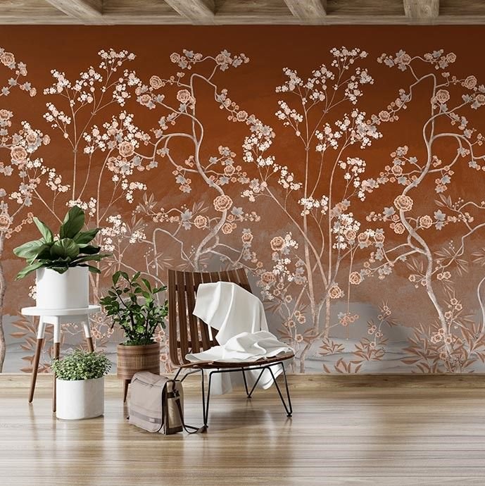 Papier peint lierre, arbres et roses