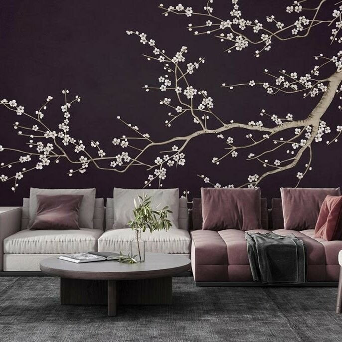 Papier peint Uva arbre de sakura et oiseaux sur fond noir