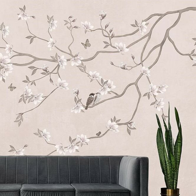 Papier peint fleurs de sakura sur fond poudré