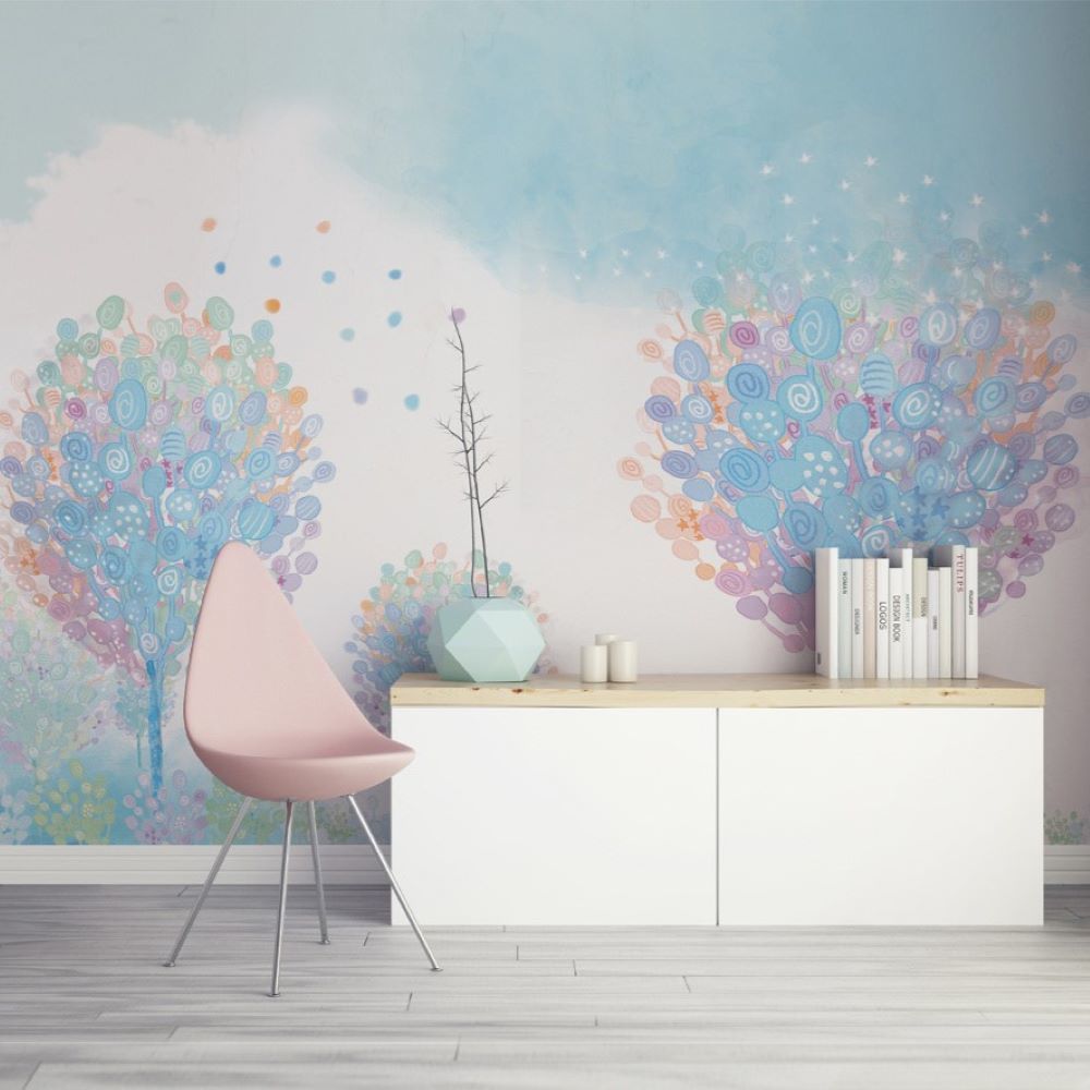 Papier peint arbres à sucettes aux couleurs douces