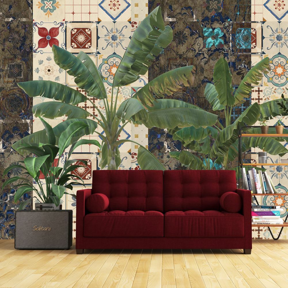 Papier peint motifs à carreaux parmi les bananiers