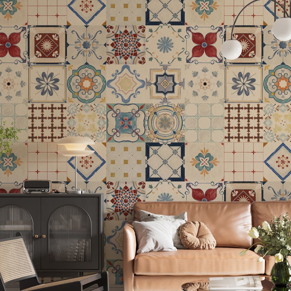 Papier peint création exclusive motifs carreaux ethniques