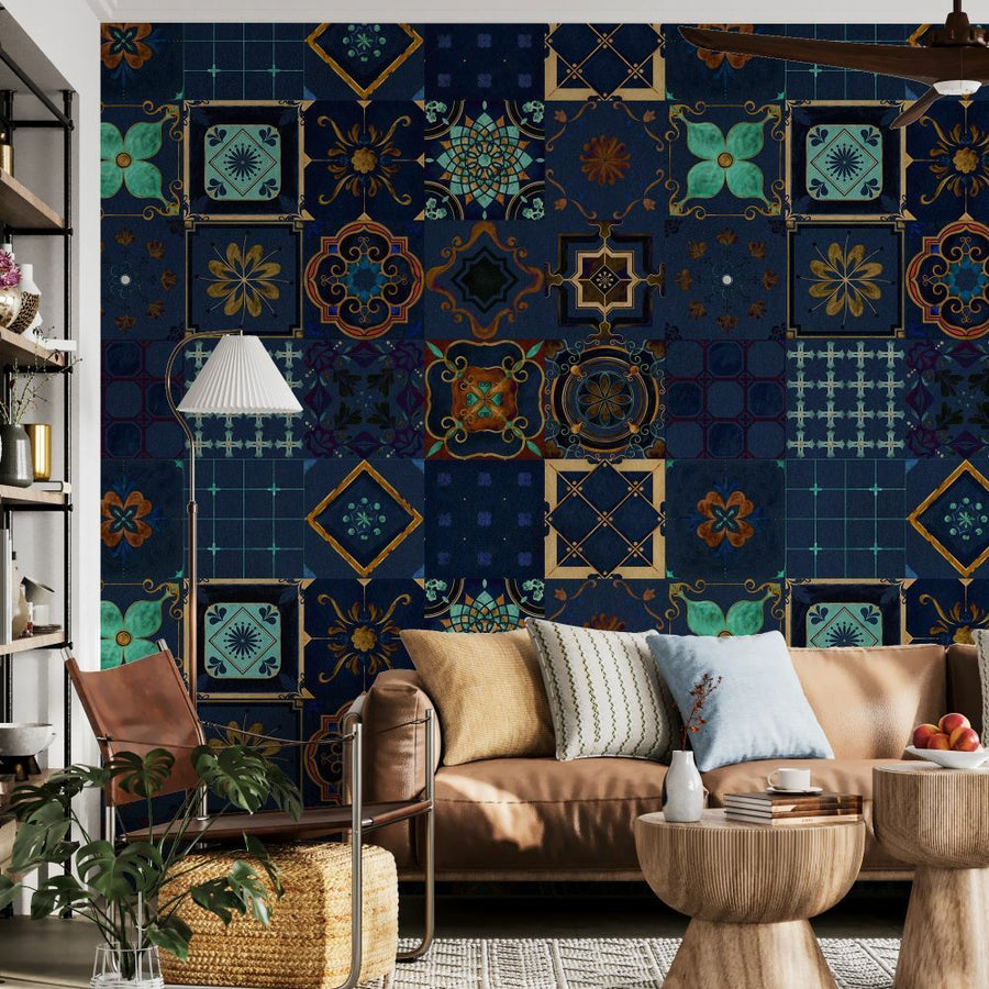 Papier peint motif carreaux ethniques bleu marine
