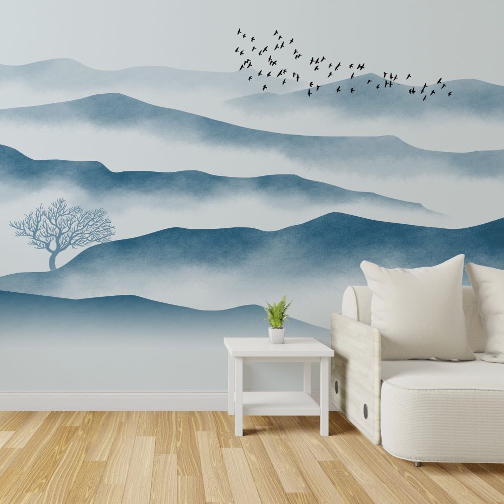 Papier peint montagnes bleues et hirondelles