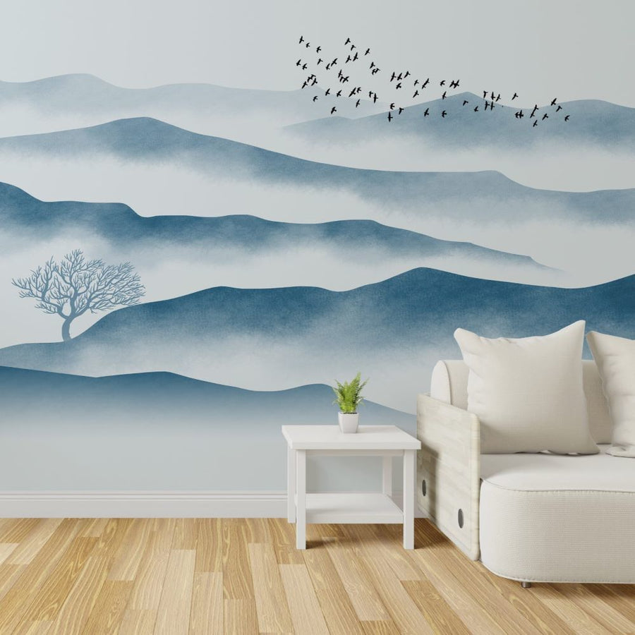 Papier peint montagnes bleues et hirondelles
