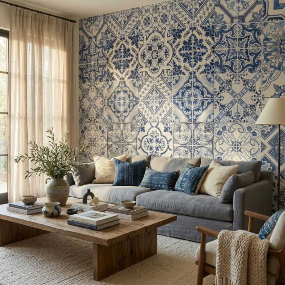 Papier peint motif carreaux de faïence bleue
