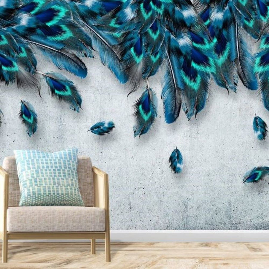 Papier peint plumes turquoise et bleu marine