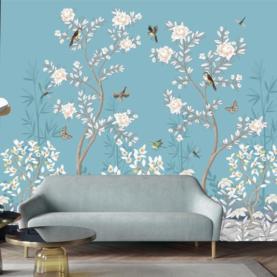 Papier peint fleurs de sakura et oiseaux sur fond bleu