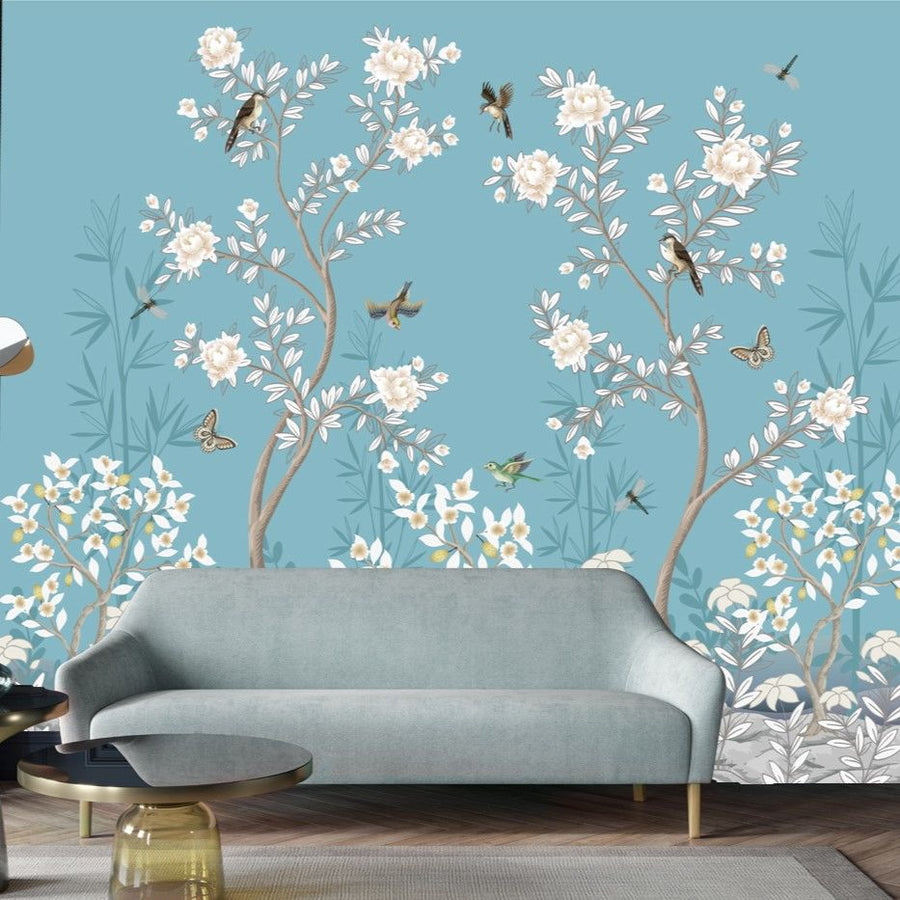 Papier peint fleurs de sakura et oiseaux sur fond bleu