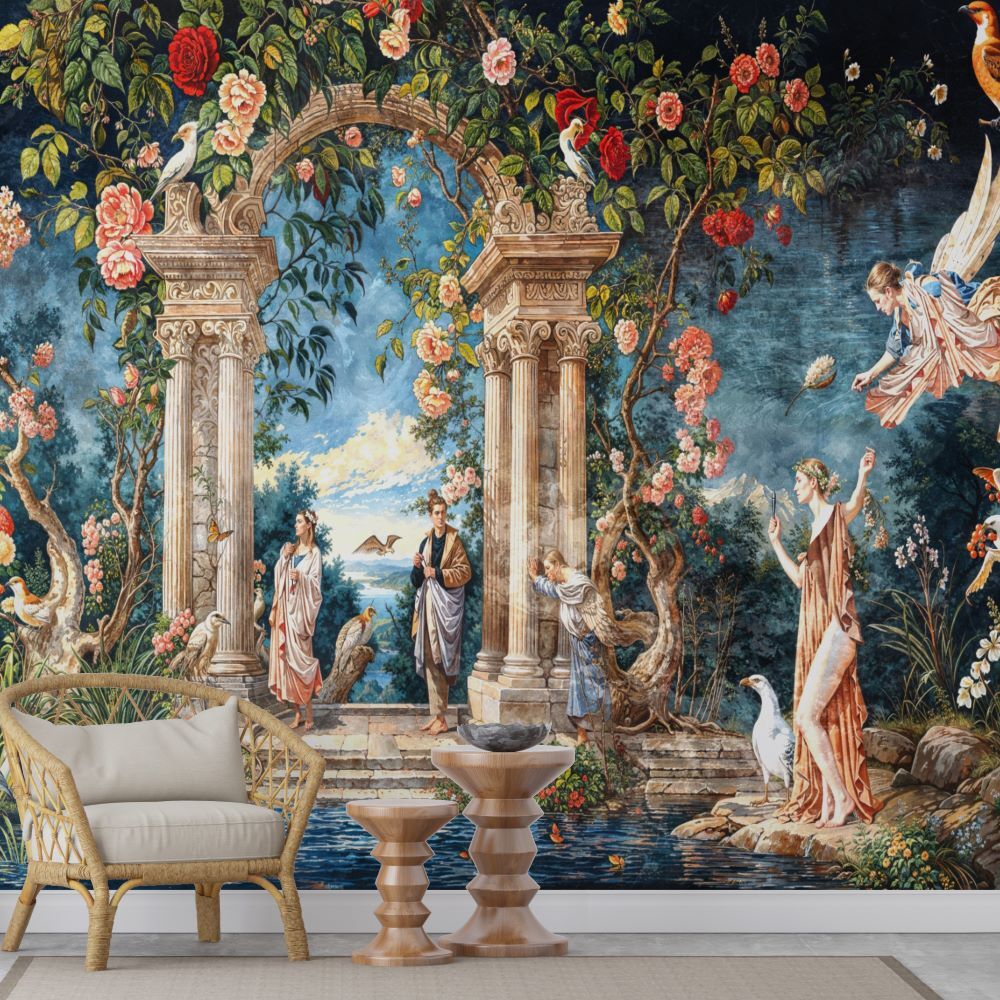 Papier peint fond fleuri et figures mythologiques