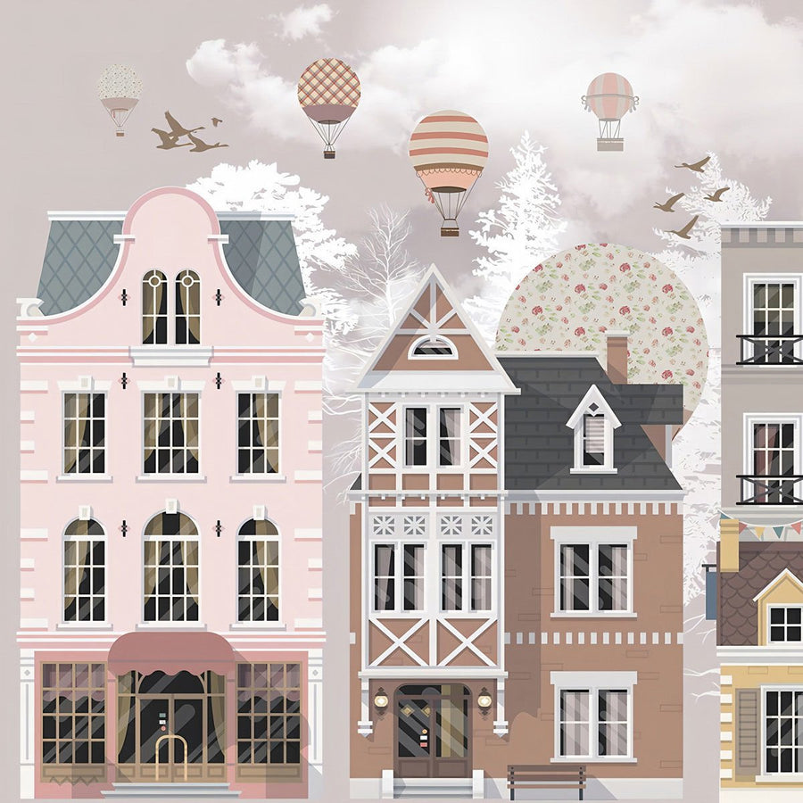 Papier peint enfant Uva maisons colorées amusantes et montgolfières