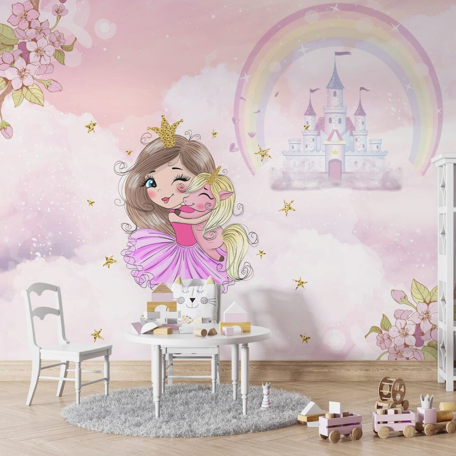 Papier peint petite princesse, licorne et château