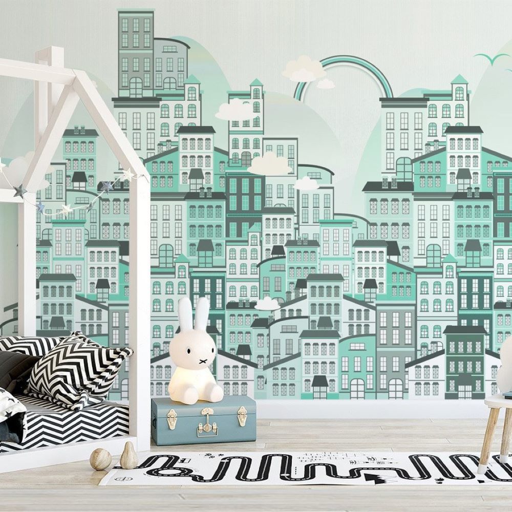 Papier peint ville et immeubles arc-en-ciel vert menthe