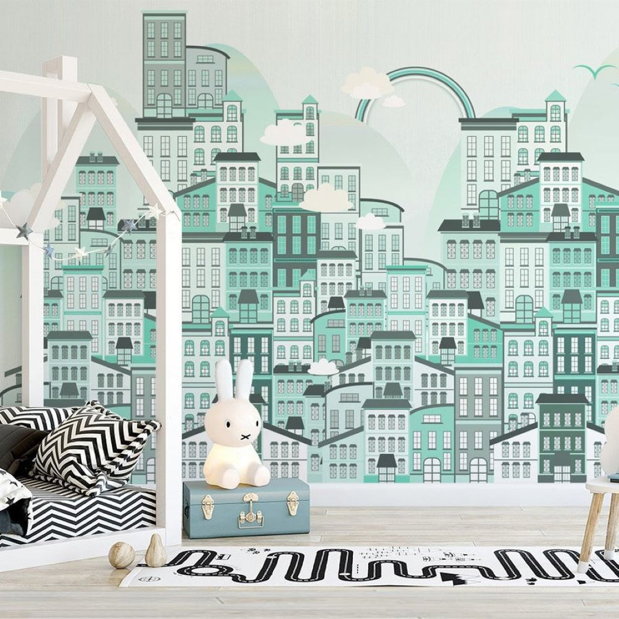 Papier peint ville et immeubles arc-en-ciel vert menthe