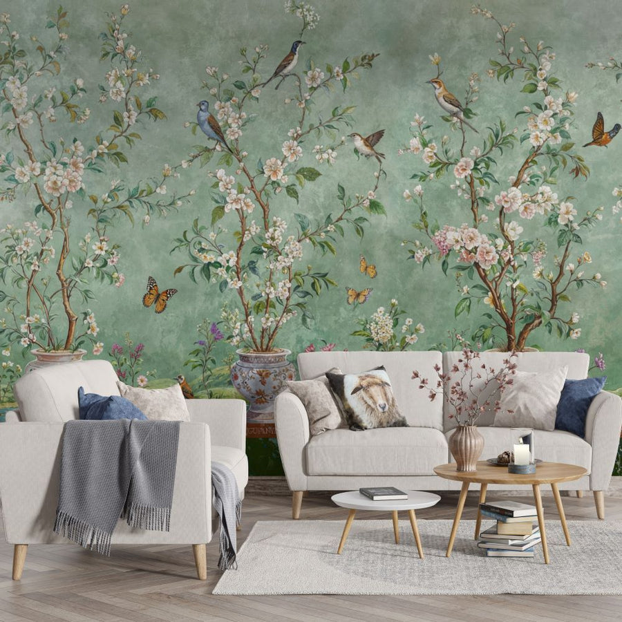 Papier peint motif fleurs et oiseaux sur fond vert