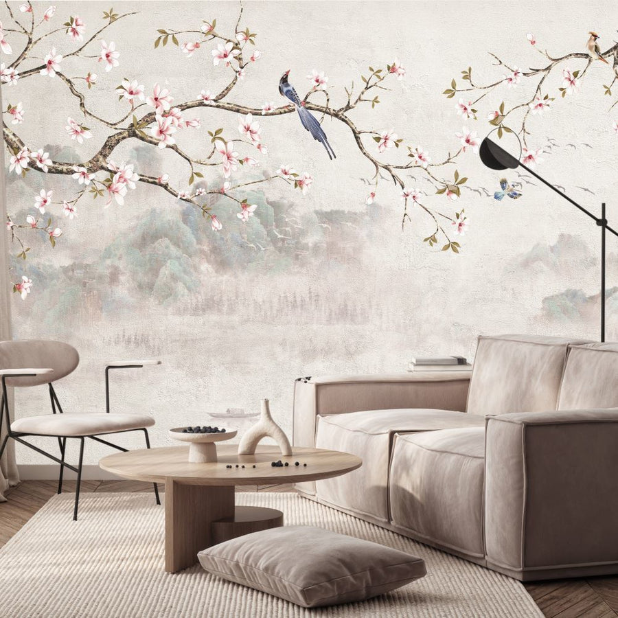 Papier peint montagnes enneigées, fleurs douces et oiseau