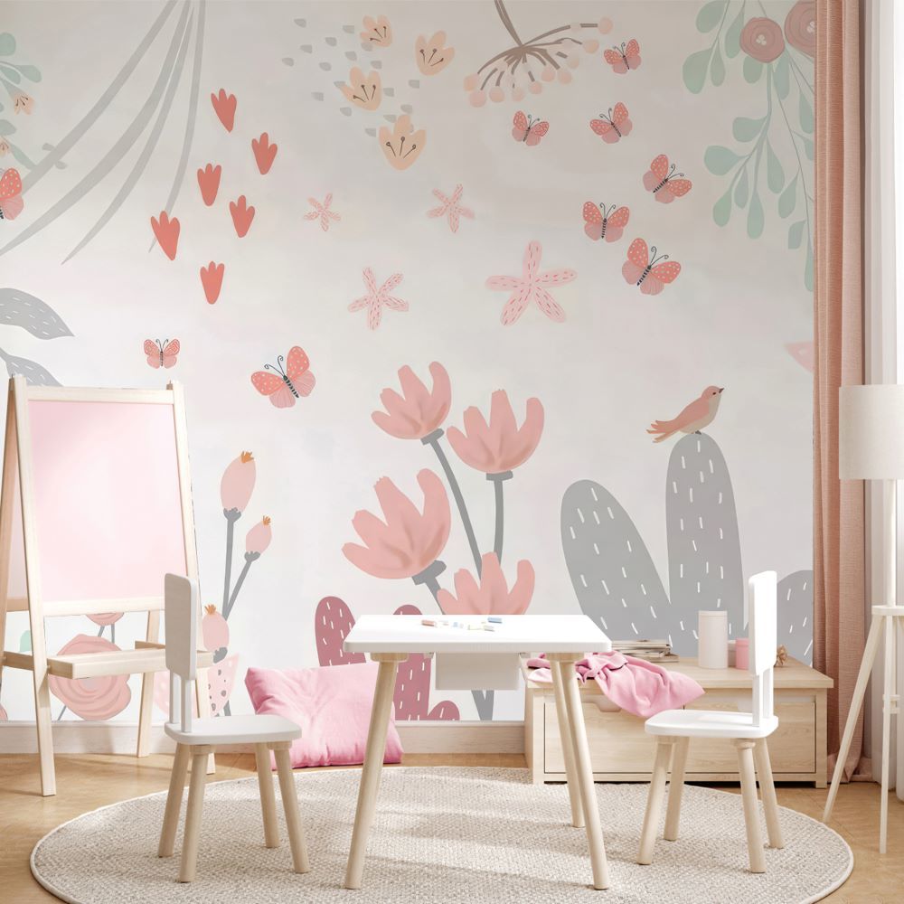 Papier peint fleurs douces et papillons