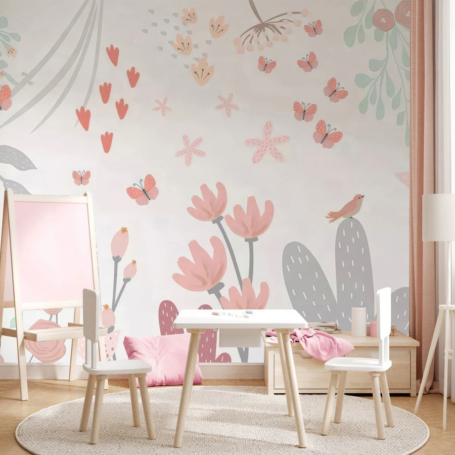 Papier peint fleurs douces et papillons