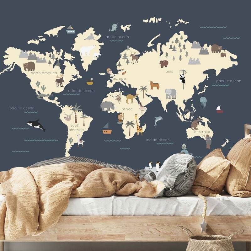 Papier peint carte des animaux tropicaux sur fond bleu marine