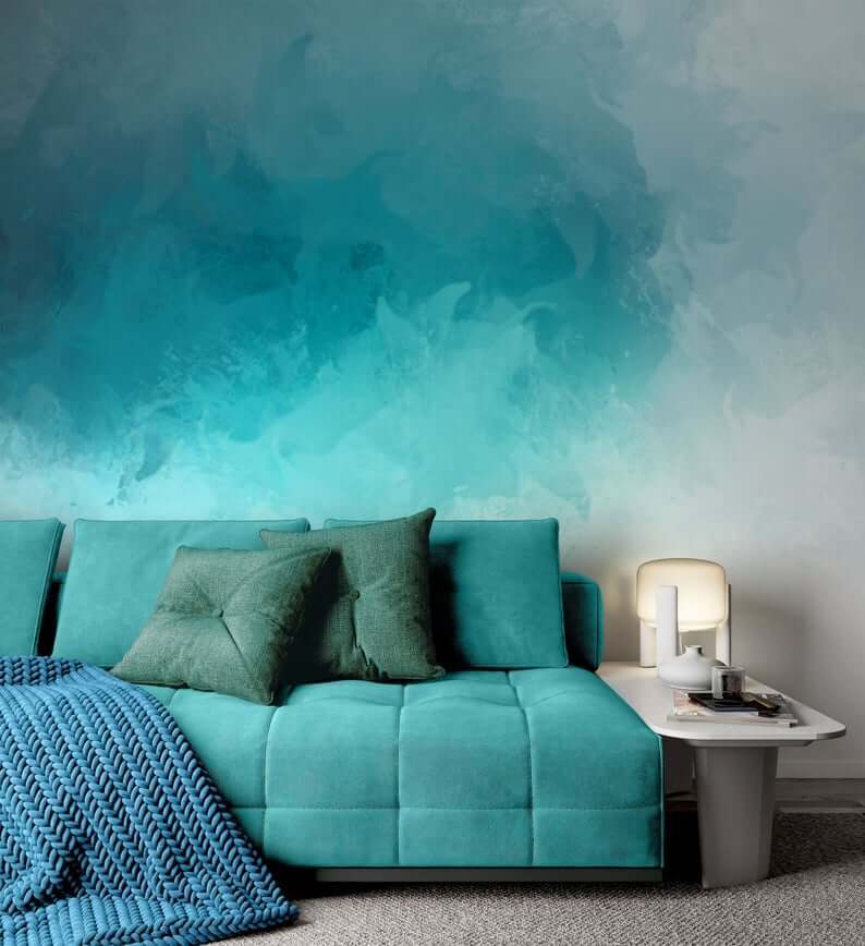 Papier peint motif abstrait turquoise à effet aquarelle