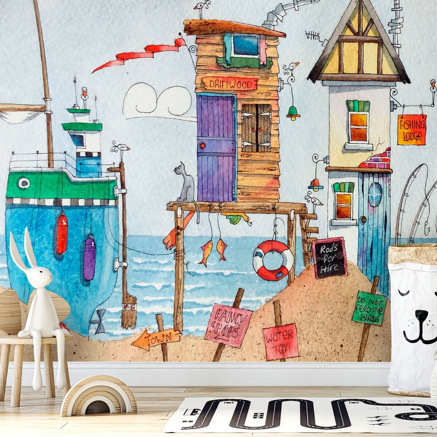 Papier peint petites cabanes au bord de la mer