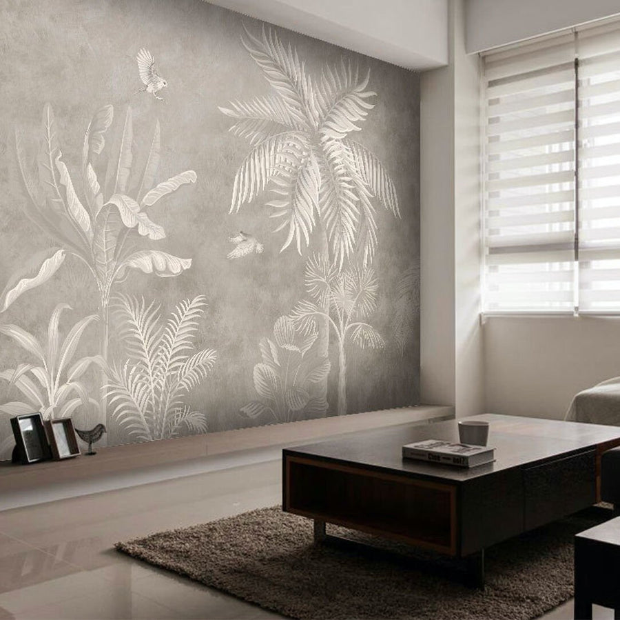 Papier peint plantes tropicales sur fond béton gris sépia