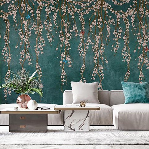 Papier peint fleurs grimpantes sur fond bleu pétrole