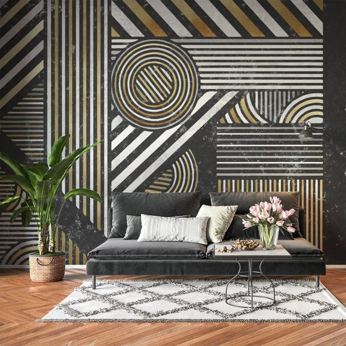Papier peint motif géométrique noir, blanc et brun