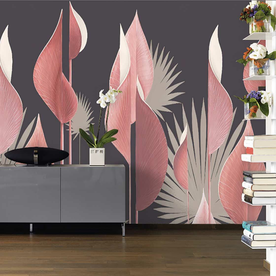 Papier peint longues feuilles de tulipe vieux rose