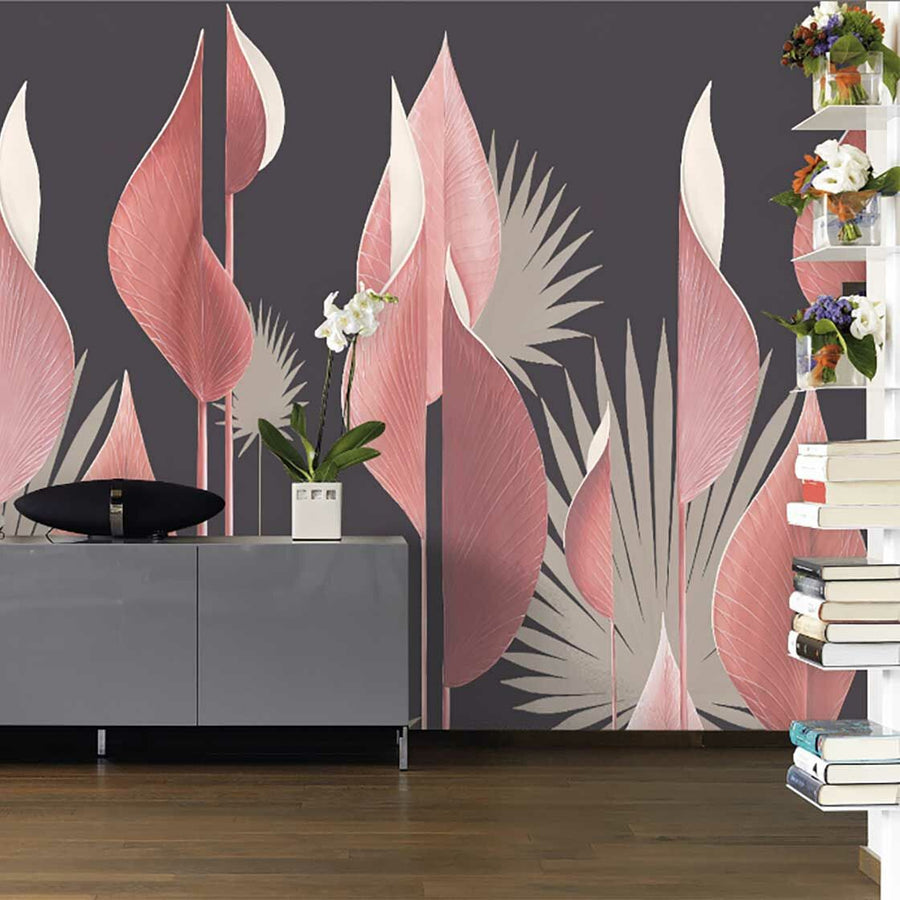 Papier peint longues feuilles de tulipe vieux rose