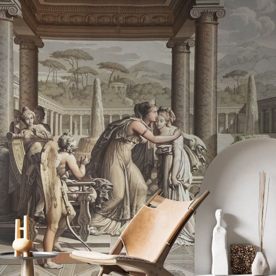 Papier peint mère, fille et anges dans une cour historique