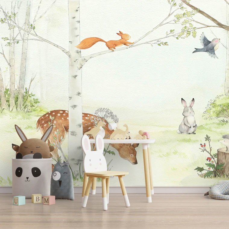 Papier peint Uva motif forêt, gazelle et ourson