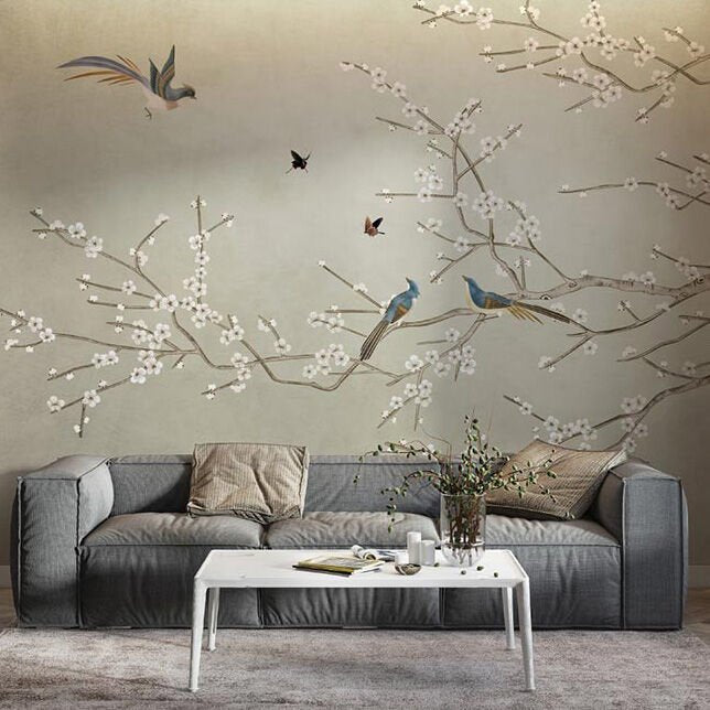 Papier peint petits oiseaux et fleurs